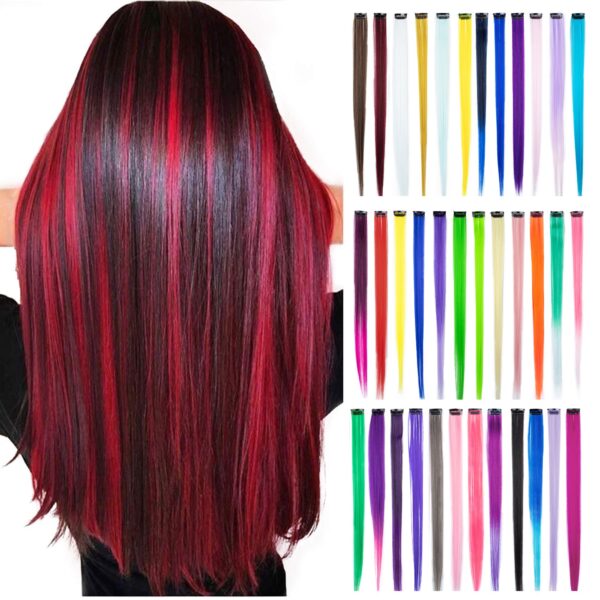 CHRONEX Pack of 12, 21" Synthetic Nylon Colored Straight Long Clip in Hair Extensions