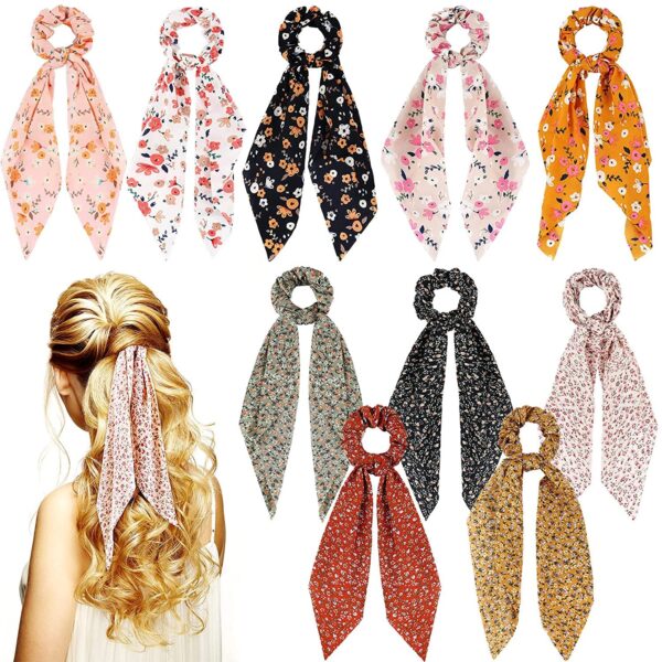 CHRONEX 10 Pcs Printed Hair Scarf with Ribbon Hair Scarves Bow Hair Scrunchies Ribbon Scrunchies for Women Girls